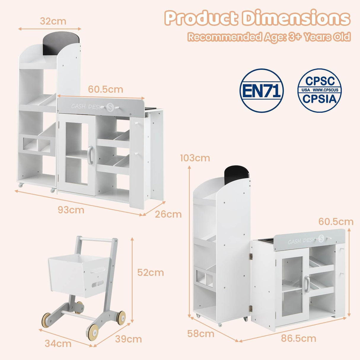 Kids Grocery Store Playset, Convertible Wooden Play Store with Shopping Cart