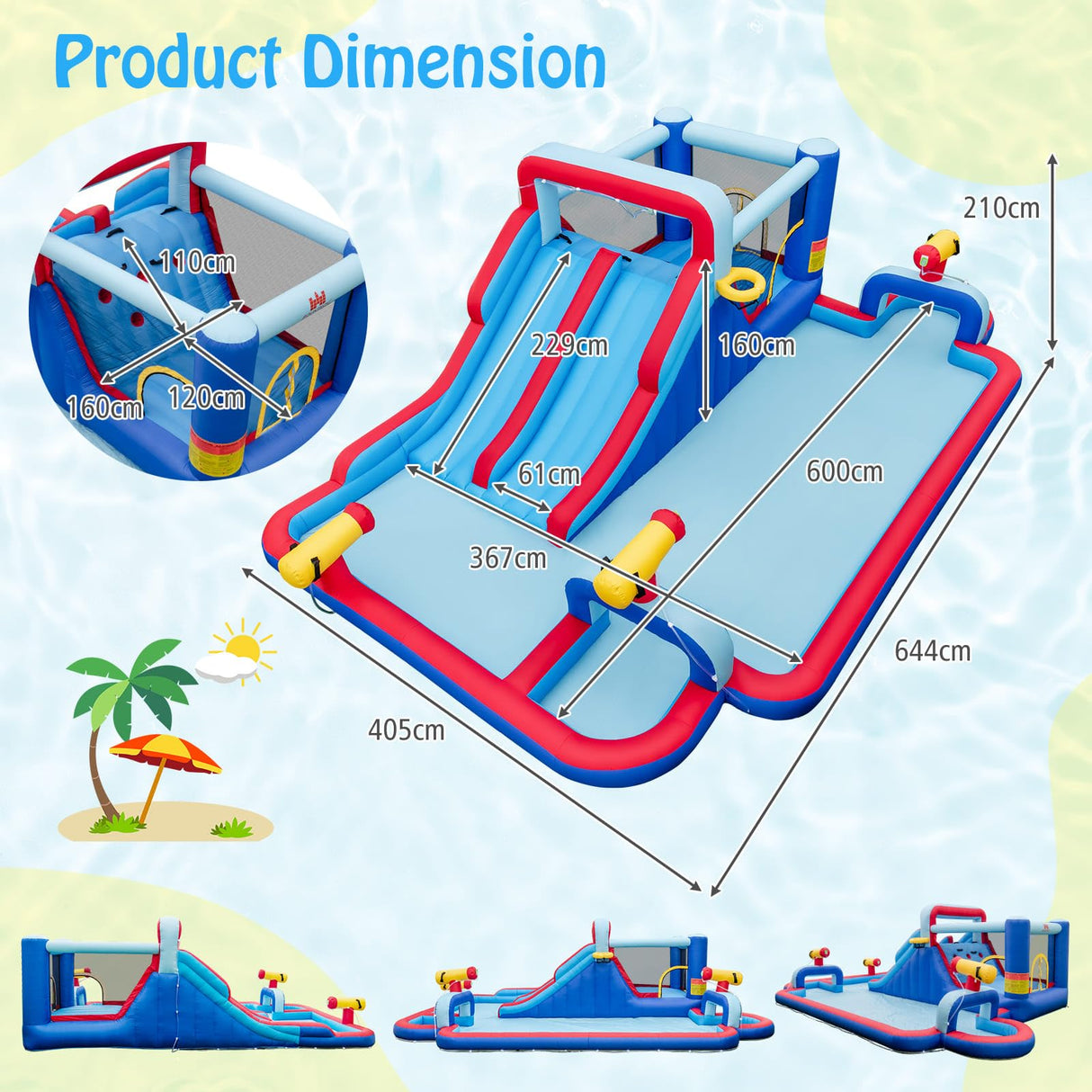HONEY JOY Water Slide Park, 5-in-1 Inflatable Jumping House w/Dual Slides, Climbing Wall, Splash Pool, Basketball Rim, Water Cannons