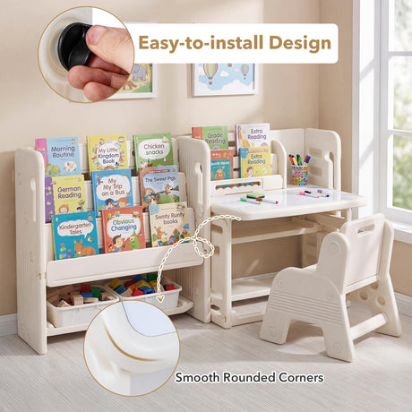 HONEY JOY Kids Desk and Chair Set, Children Writing Desk with Side Bookshelves & Storage Baskets