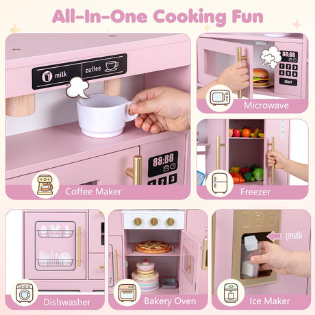 Wooden Play Kitchen with Lights & Sounds and Sink Stove Oven for Kids Ages 3+