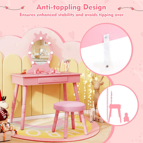 HONEY JOY Kids Vanity Set with LED Lighted Mirror & Stool