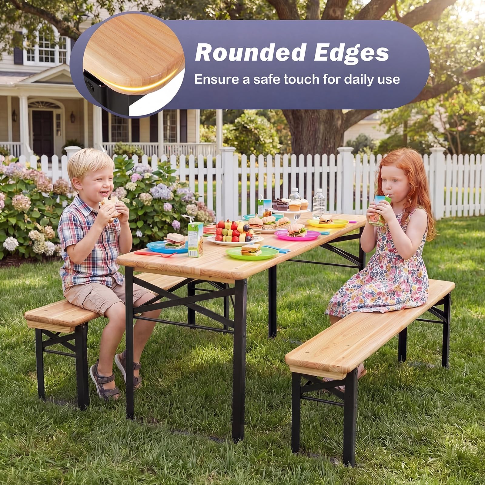 HONEY JOY 110 CM Folding Kids Picnic Table & Bench Set, No