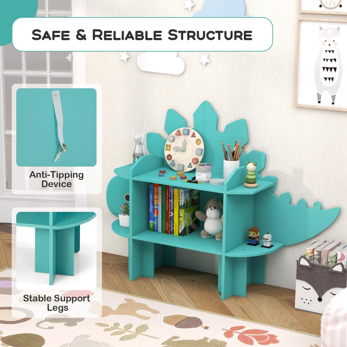 HONEY JOY Dinosaur Bookcase for Play Room, Nursery, Kindergarten