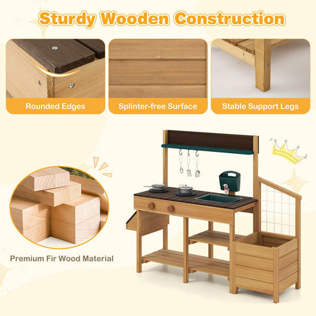 Wooden play kitchen set with sturdiness features highlighted on a white background