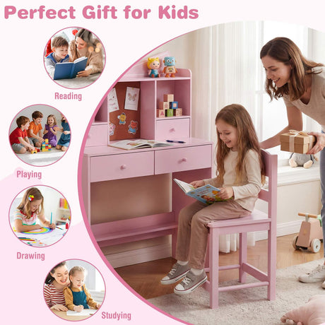 HONEY JOY Kids Study Desk with Chair, Children Writing Table and Chair Set with Open Storage Shelves