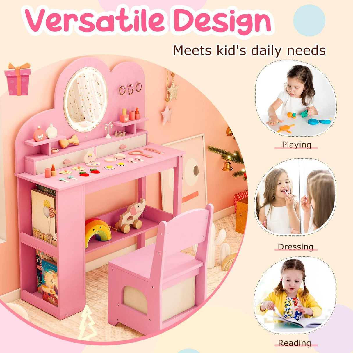 Princess Vanity Table and Chair Set with 2 Drawers