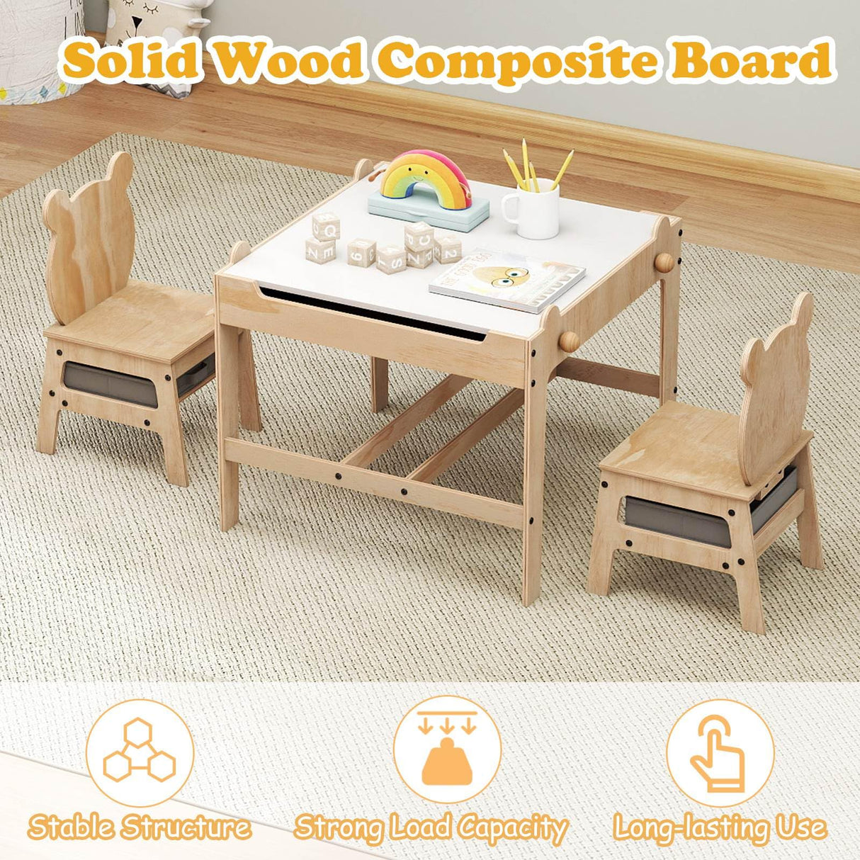 4-in-1 Kids Table and Chairs Set with Reversible Whiteboard for Arts Bear Style