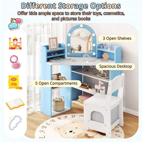 HONEY JOY Corner Kids Vanity with Lights, Princess Vanity Table & Chair Set