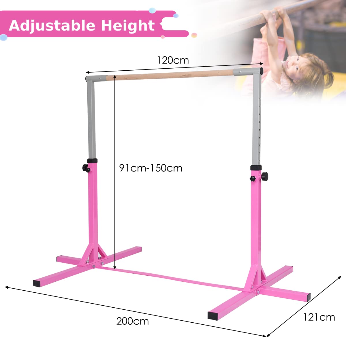 BABY JOY Kids Gymnastic Training Bar, 90 to 150cm Height Adjustable Expandable Exercise Horizontal Kip Bar w/Double Locking Mechanism