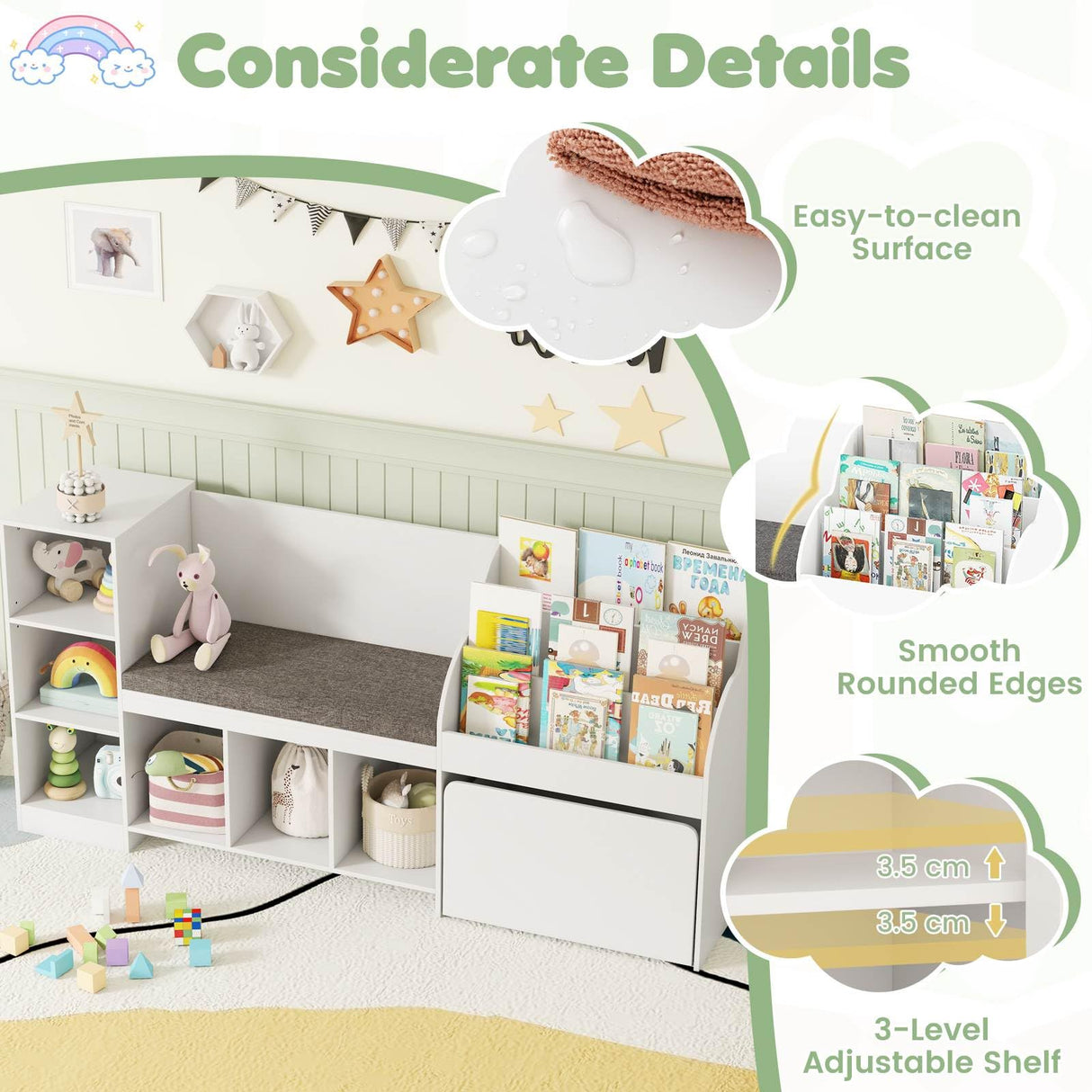 HONEY JOY Kids Bookcase Reading Nook, 4-in-1 Standing Toy Organiser