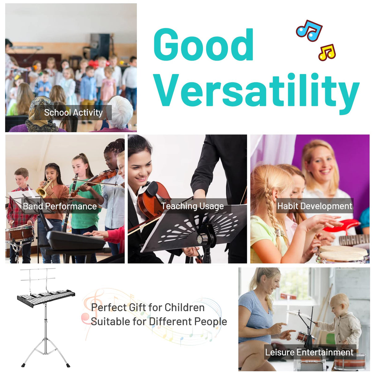 HONEY JOY 32 Note Glockenspiel Xylophone Percussion Bell Kit with Adjustable Stand, 8'' Practice Pad
