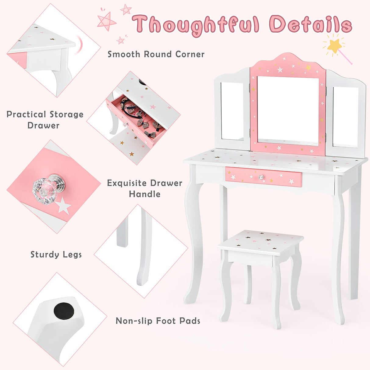 HONEY JOY Kids Pretend Play Vanity Set, 2-in-1 Wooden Princess Makeup Dressing Table w/Stool & Drawer