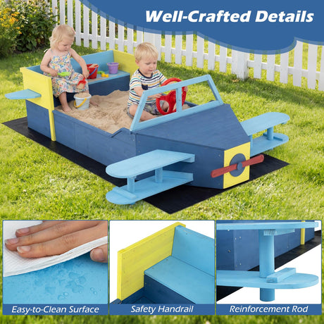HONEY JOY Glider-Shape Kids Sandpit, Large Wooden Outdoor Sand Box w/Bench Seat