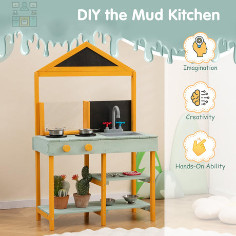 HONEY JOY Kids Kitchen Playset, Outdoor Mud Kitchen with Root Viewer Planter, Rotatable Faucet & Removable Sink