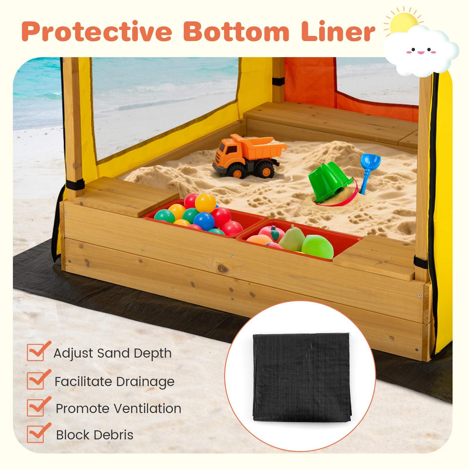 Kids Wooden Sandbox with Canopy, Outdoor Large Fir Wood Playhouse