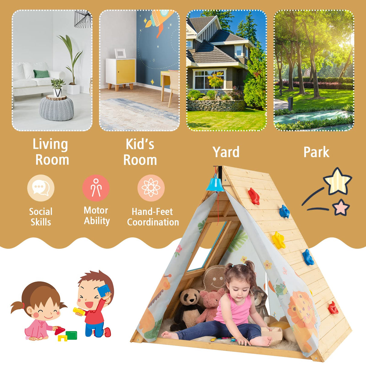HONEY JOY Kids Triangle Climber with Tent, 2 in 1 Wooden Climbing Triangle Toys w/Climbing Wall