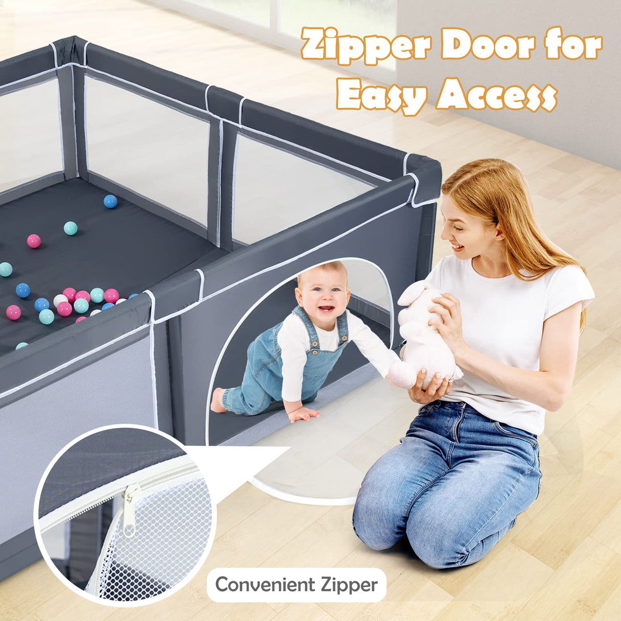 BABY JOY Baby Playpen for Toddler, 206 x 185.5 x 68 cm Large Safety Play Yard with 50 Ocean Balls, 4 Pull Rings