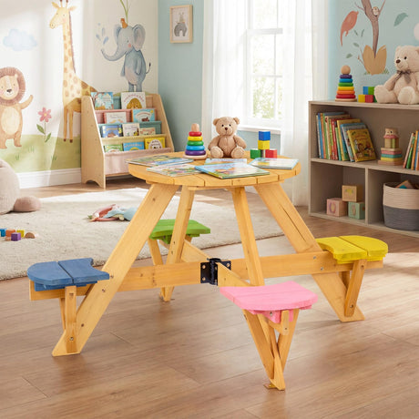 Kids Picnic Table with Stools and Foldable Adjustable Umbrella for Backyard and Patio