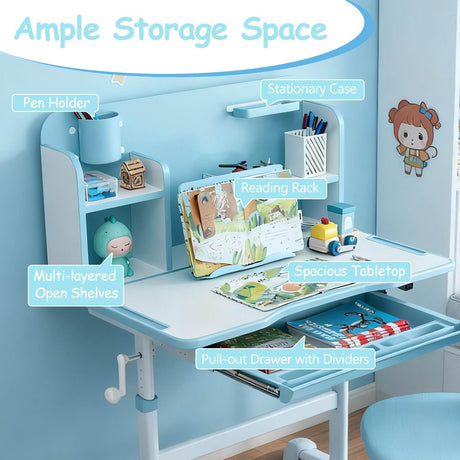 Children's study desk with various compartments and storage options on a blue wall background.