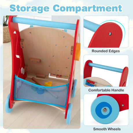 Wooden Baby Walker, Baby Push Walker with Handle, Storage & Wheels, Push and Pull Learning Activity Walker