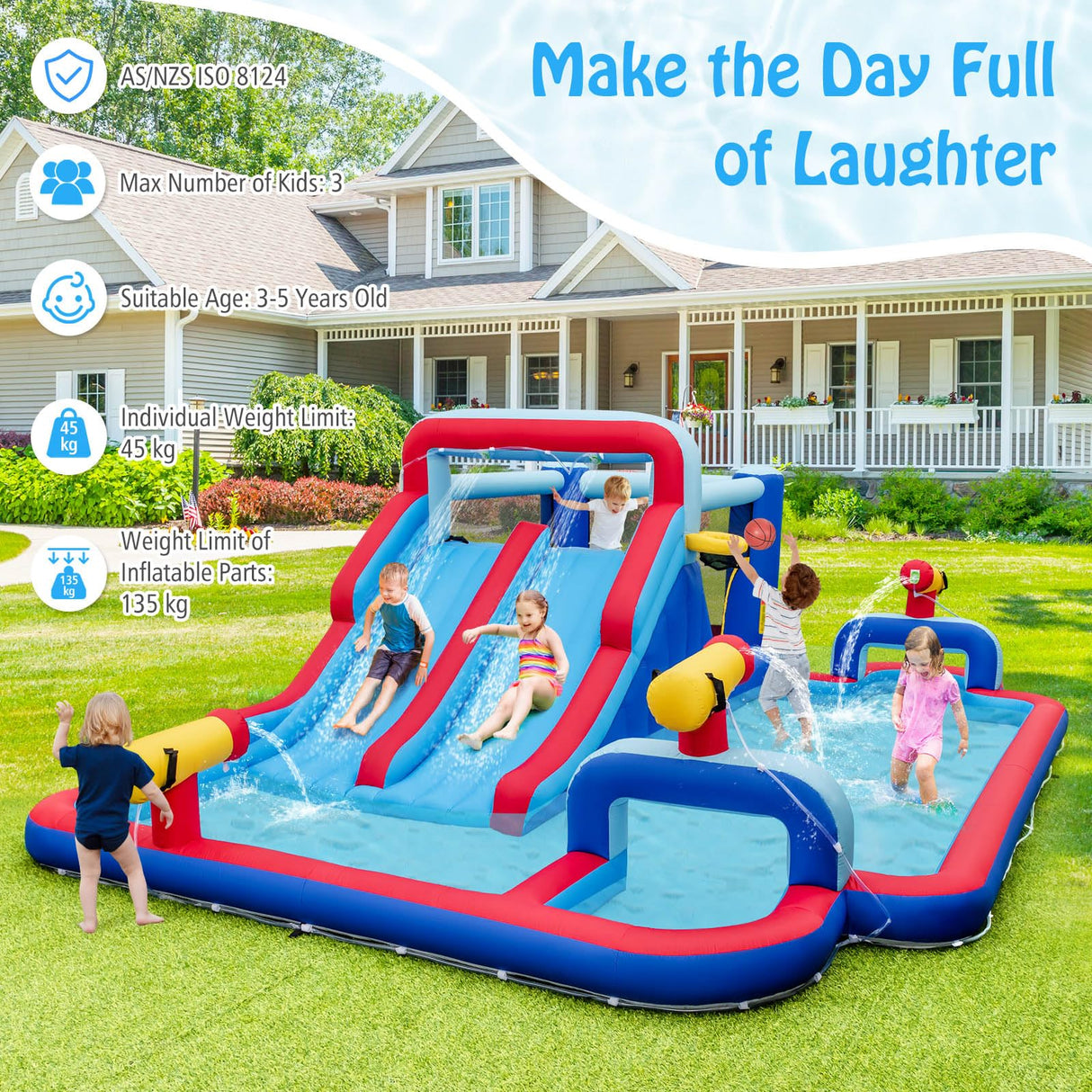 HONEY JOY Water Slide Park, 5-in-1 Inflatable Jumping House w/Dual Slides, Climbing Wall, Splash Pool, Basketball Rim, Water Cannons