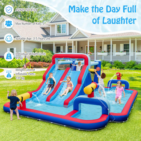 HONEY JOY Water Slide Park, 5-in-1 Inflatable Jumping House w/Dual Slides, Climbing Wall, Splash Pool, Basketball Rim, Water Cannons
