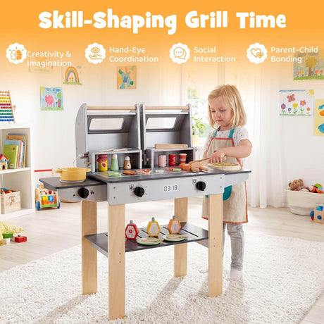 HONEY JOY Wooden Kids Barbecue Grill Playset, Kids Toy Grill with Abundant Grilling Tools