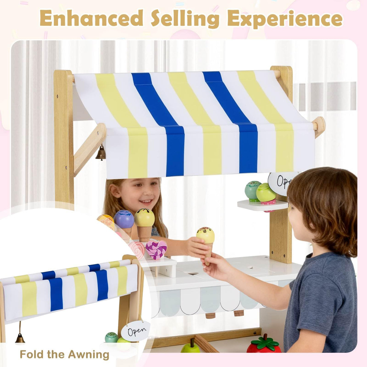 Wooden Ice Cream Cart for Kids, Pretend Play Set with Storage for 3+ Years Old