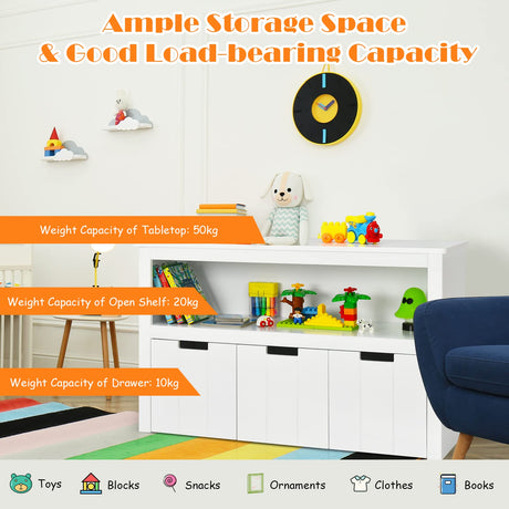 BABY JOY Kids Toy Storage Cabinet with 3 Removable Drawers, Rolling Wheels & Open Shelf