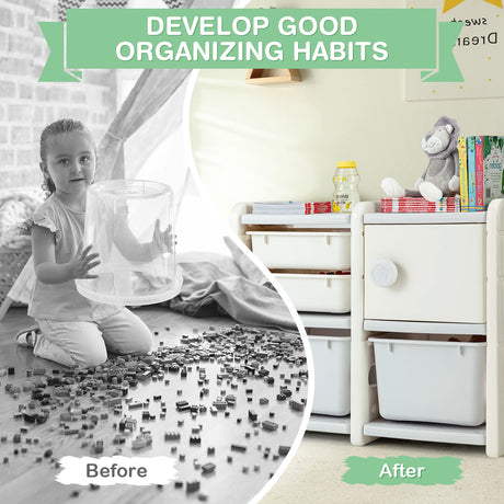 HONEY JOY Kids Toy Storage Organiser with 2 Large Bins, Pull-Out Drawers, Cabinet, Front Store Space