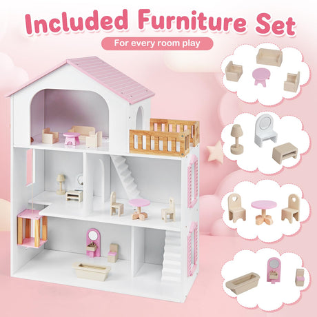 HONEY JOY 3-Story Wooden Dollhouse Playset for Kids