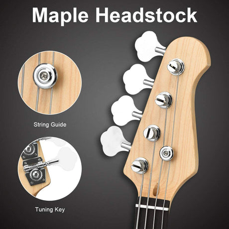Full Size Electric 4 String Bass Guitar for Beginner Starter Complete Kit, Rose Fingerboard and Bridge, w/2 Pickups & 2 Tone Control, Guitar Bag, Strap, Guitar Pick, Amp Cord
