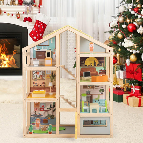 Wooden Dollhouse for Kids, Modern Family Pretend Playhouse w/Furniture Pieces & Figures