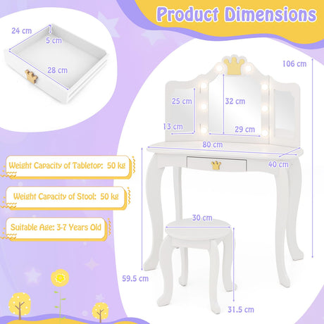 HONEY JOY Kids Vanity Set with 3-Color Adjustable Lighted Mirror