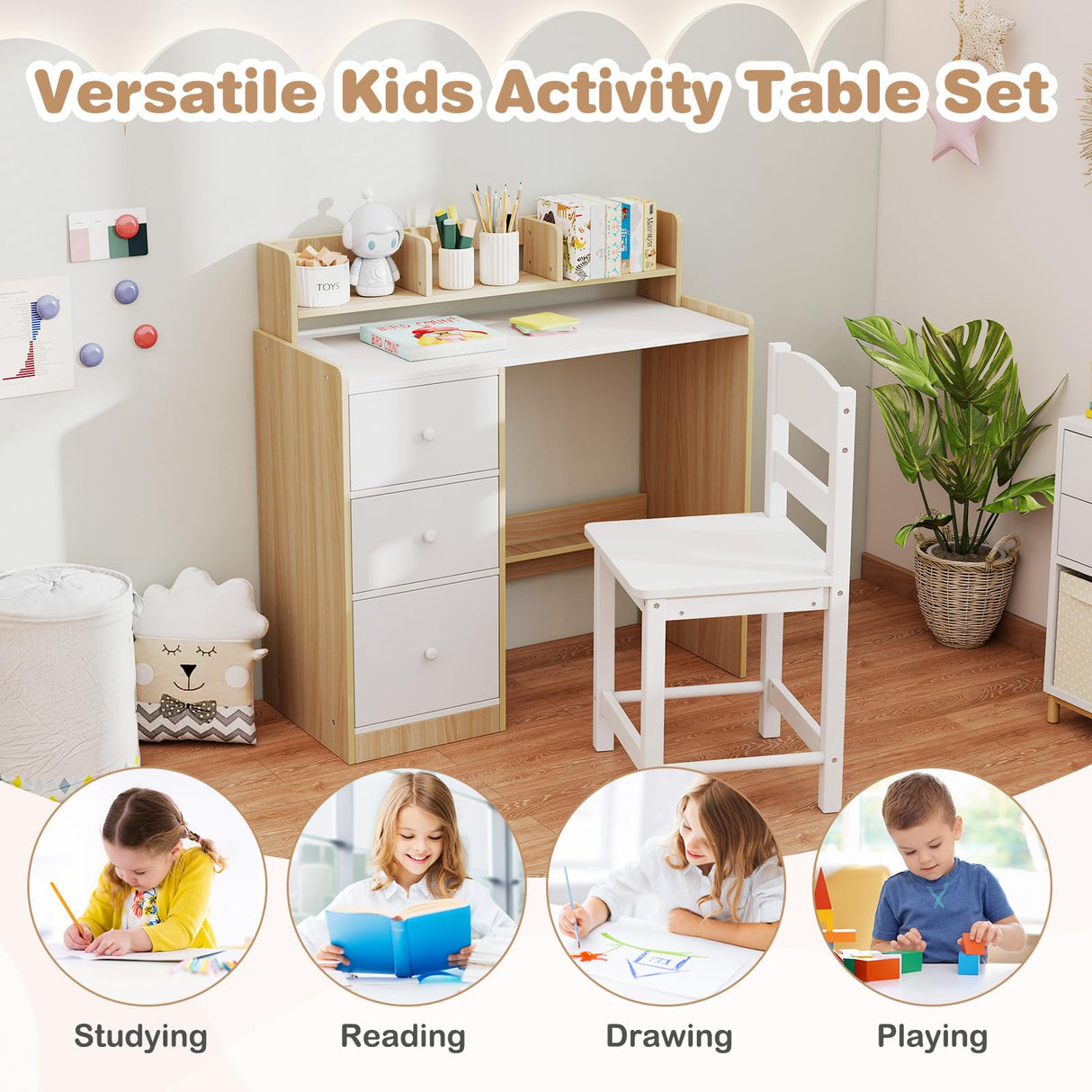 HONEY JOY Kids Study Desk and Chair Set w/Hutch & Storage Shelf for Arts, Crafts