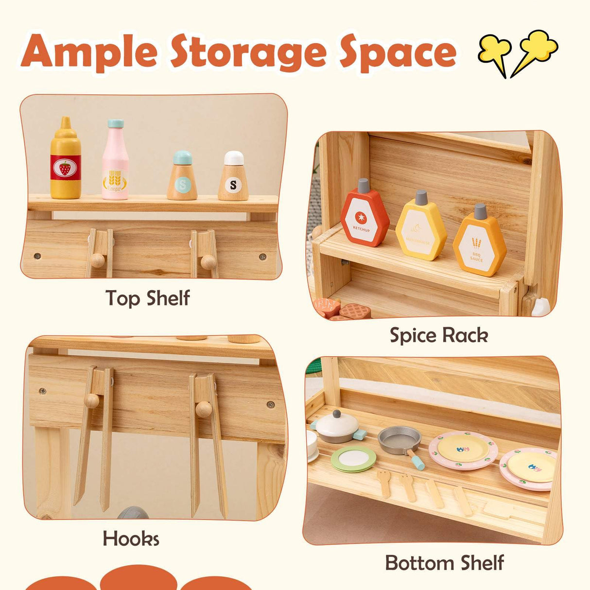 Wooden Barbecue Grill Toy Set with Sink and Faucet Kids BBQ Grill Playset