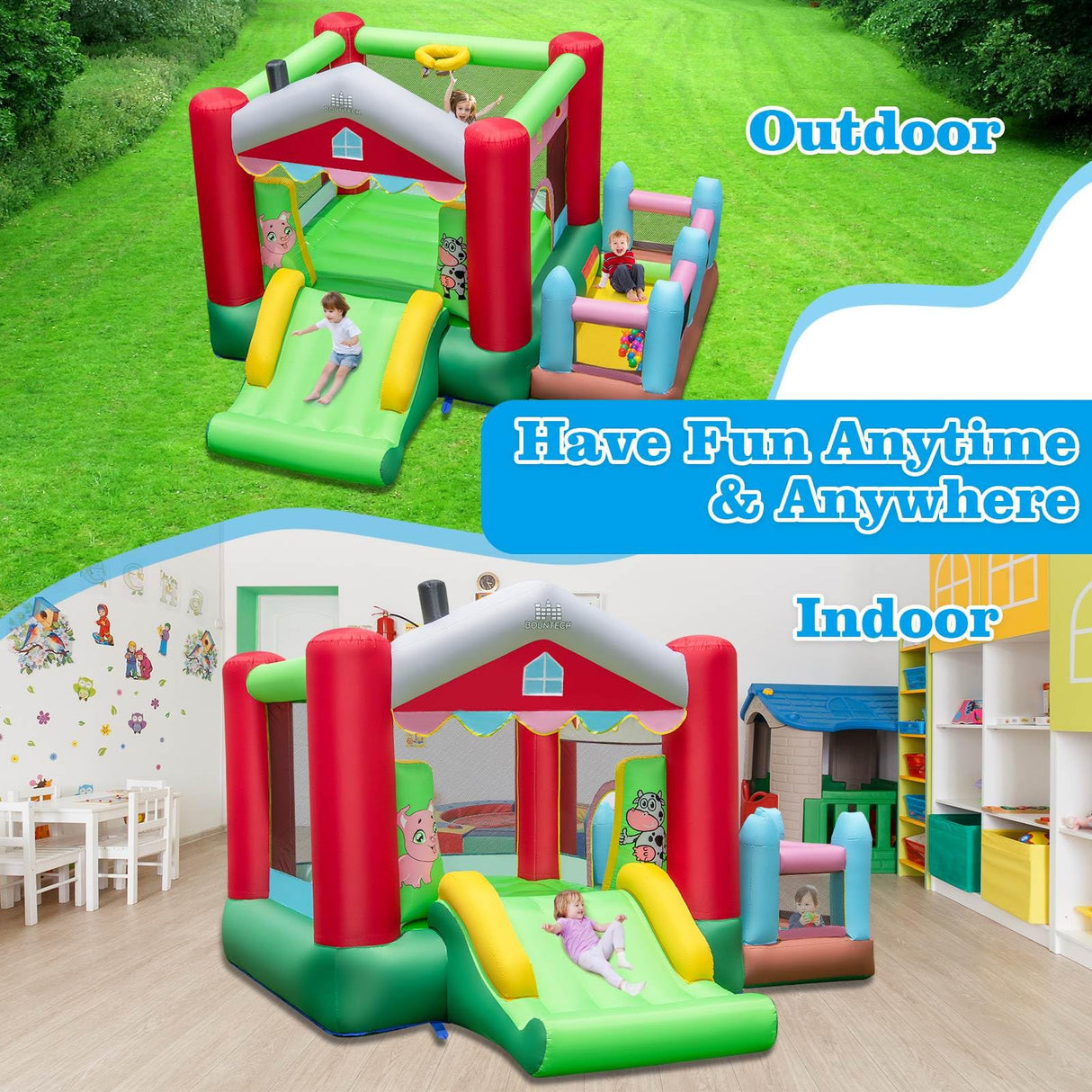 Inflatable Bounce House, 4-in-1 Farm Themed Jumping Castle with Slide