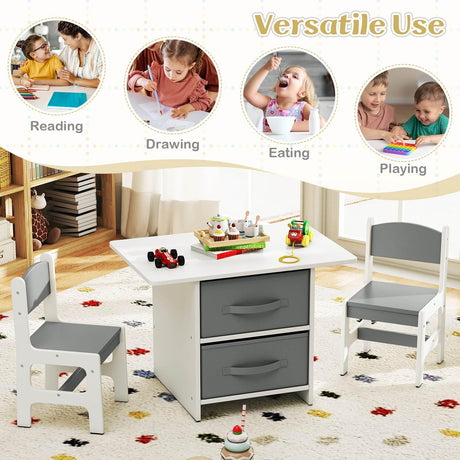Children's table and chairs set with various activities depicted, including reading, drawing, eating, and playing.