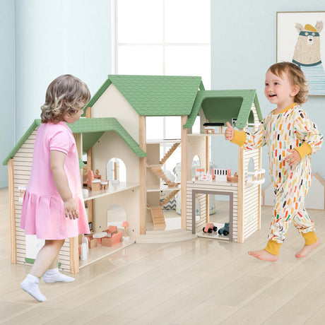 HONEY JOY Wooden Corner Dollhouse Playset, Green Roof Doll House with 34 Pieces of Furniture and Accessories