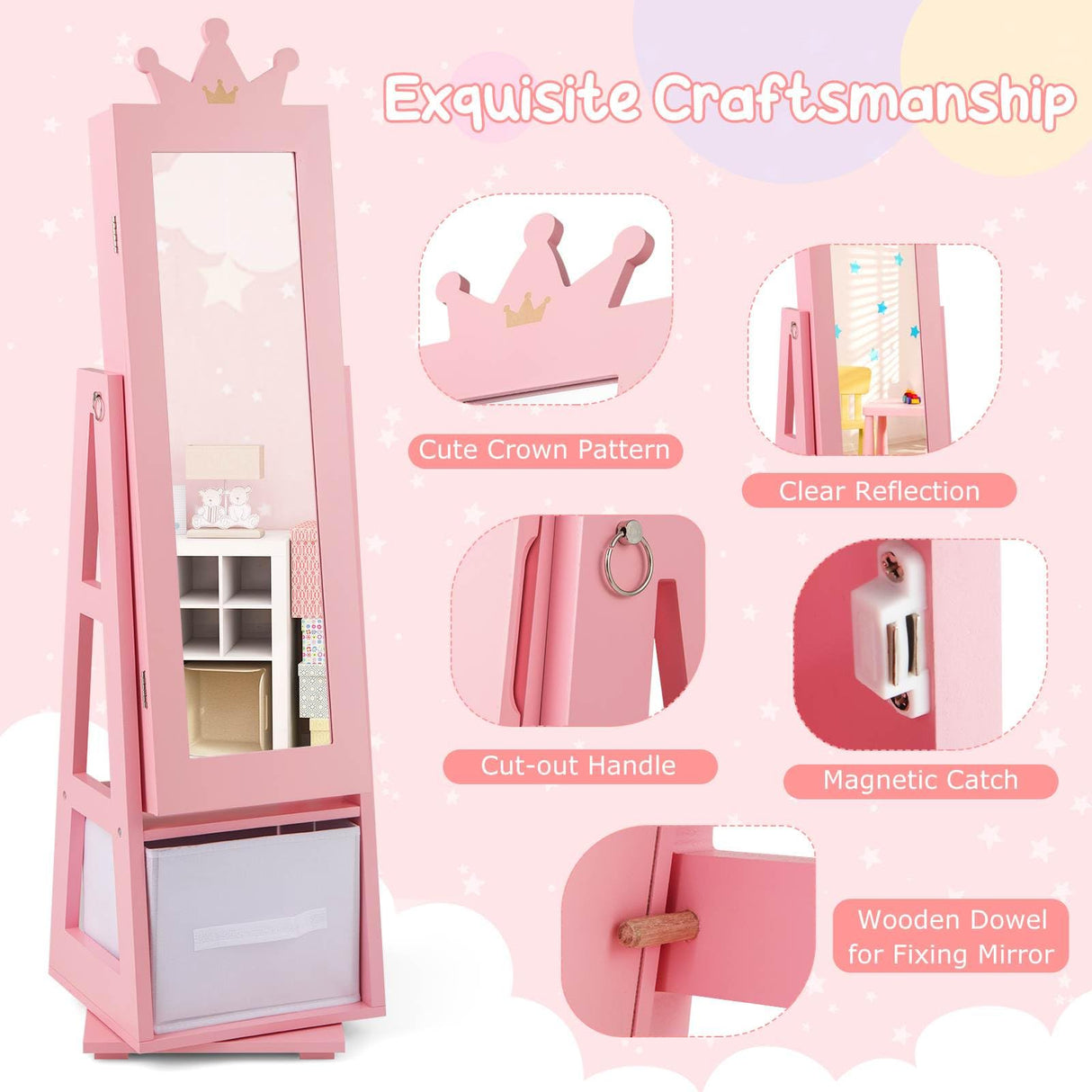 HONEY JOY 360° Swivel Kids Jewelry Cabinet, 3-in-1 Freestanding Full Length Dressing Mirror