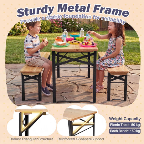 HONEY JOY 110 CM Folding Kids Picnic Table & Bench Set, No Assembly Wooden Toddler Table