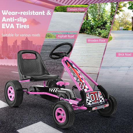 HONEY JOY Kids Pedal Go Kart, 4 Wheel Pedal Powered Ride On Toys