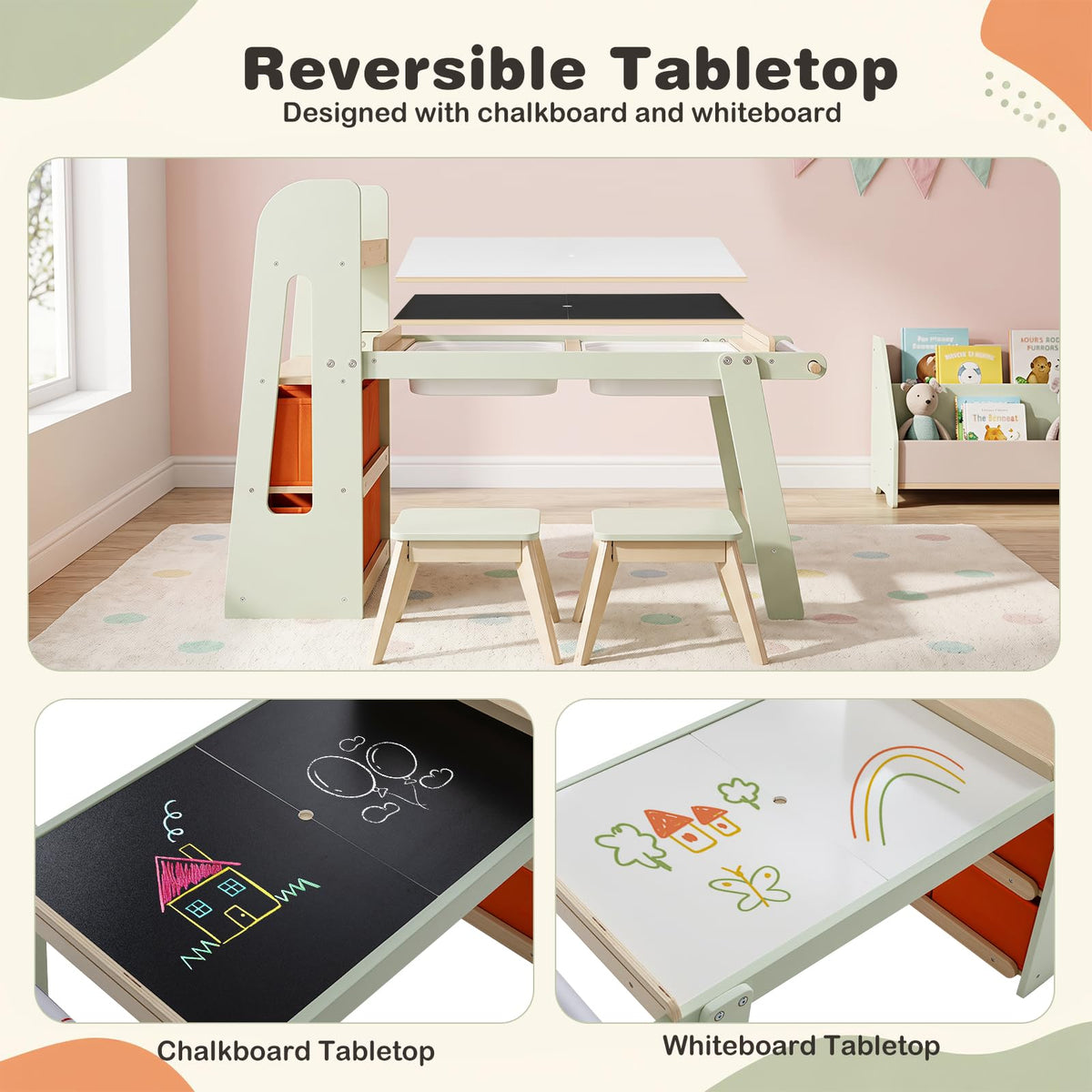 HONEY JOY Kids Sensory Table and Chairs,Art Desk Set with Paper Roll