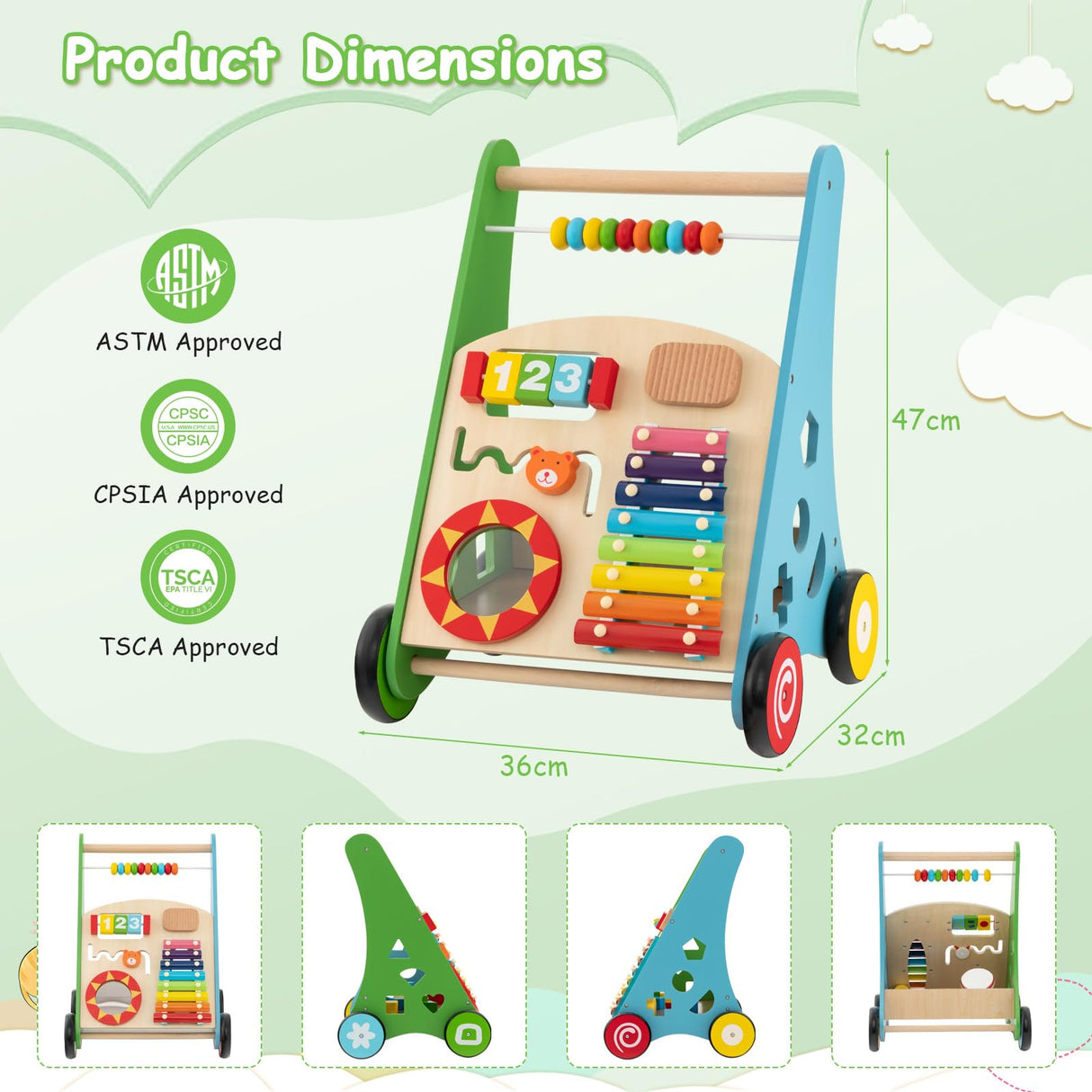 BABY JOY Wooden Baby Walker, Push and Pull Sit-to-Stand Learning Walker Activity Center(Colorful)