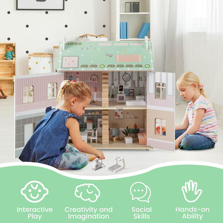 HONEY JOY Kids Wooden Dollhouse, 3 Level Doll House Playset
