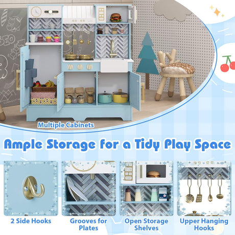 Children's play kitchen set with multiple cabinets, storage shelves, and hooks on a light blue background.
