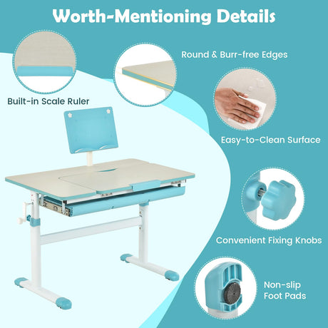 HONEY JOY Height-Adjustable Kids Desk w/Tilt Desktop & Book Stand, Storage Drawer & Scale Ruler