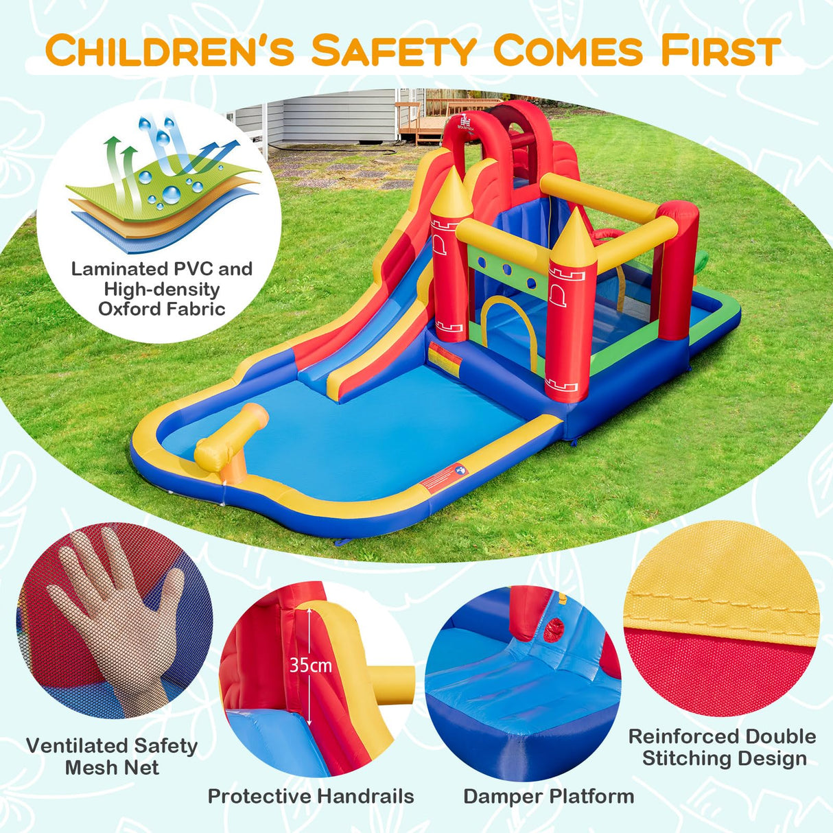 HONEY JOY Inflatable Water Slide, Outdoor Water Park Bouncy House with Ring-tossing with 680W Blower