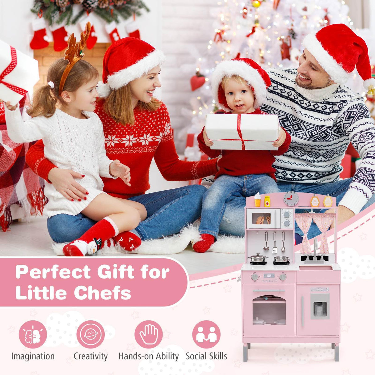 Wooden Play Kitchen for Kids with 3 Adjustable Heights and Stoves and Ice Maker