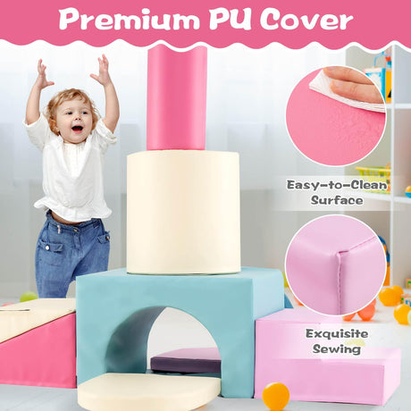 Colorful soft play structure with a child playing, highlighting features like 'Premium PU Cover', 'Easy-to-Clean Surface', and 'Exquisite Sewing'.